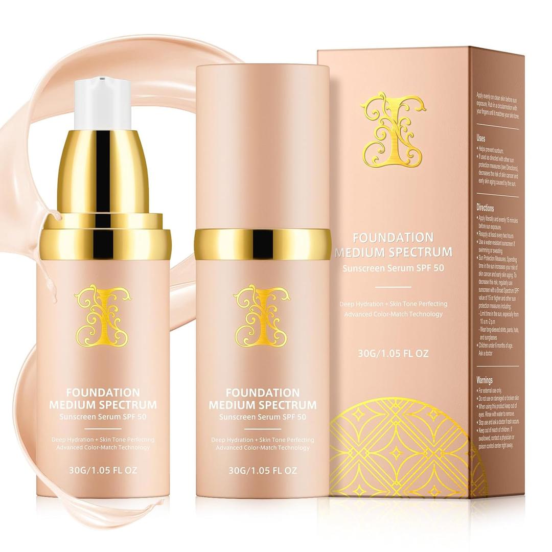 Foundation 4 in 1 - Medium Spectrum with SPF 50+, Anti-Aging, Concealer, Sun Protection, Hydrating Color Changing Foundation Makeup Liquid - Longwearing & Waterproof for Sport, Dancing (2PC, SPF50) (1 Fl Oz (Pack of 1)
