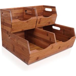 [Upgraded] 2tier Stackable Bamboo Pantry Storage Bins, Potato and Onion Storage Baskets with Handles, Removable Divider, Pantry Organizer Holder for Kitchen, Office, Cabinet, Fruit Storage (Walnut)