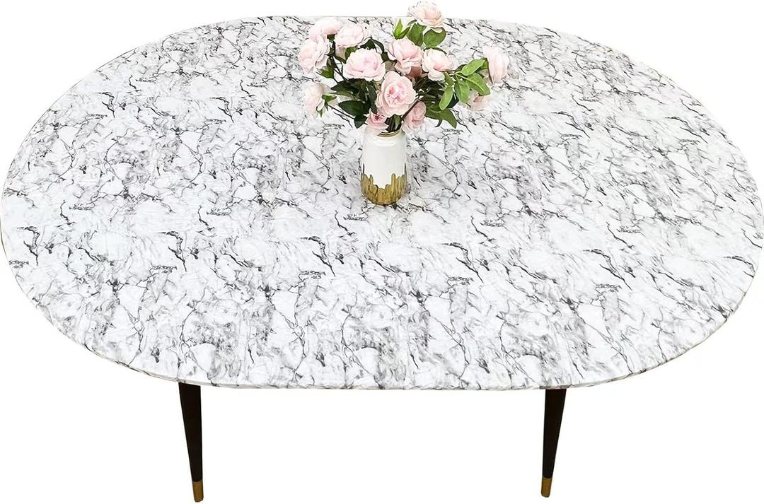 Pioggia Oval Vinyl Fitted Tablecloth with Flannel Backing Elastic Table Cloth Waterproof Oil-Proof Plastic Table Cover Best for Up to 48" x 68"