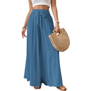 Bsubseach Wide Leg Pants Woman Flowy Floral Palazzo Pants for Women High Waisted Summer Casual Trousers Cruise Outfits (Blue, XL)