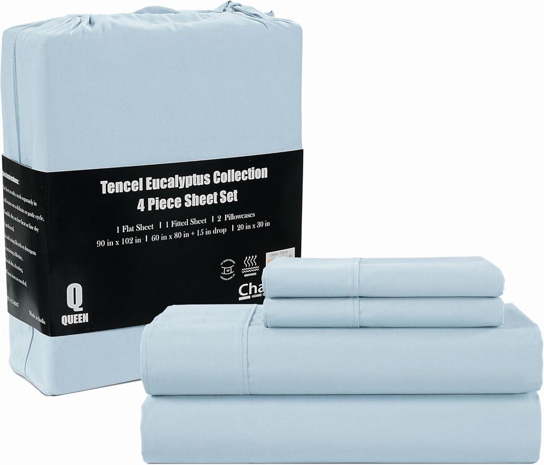CHATEAU HOME COLLECTION 100% Tencel Sheet Set, Soft, Breathable 300 Thread Count Oeko-TEX Certified Queen Bed Sheets, Cooling Sheets, Fits Mattresses Upto 17"- Light Blue (Queen, Light Blue)
