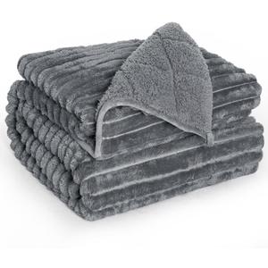 UINIU Sherpa Fleece Weighted Blanket for Adults Queen Size 12lbs, Soft Cozy Flannel Heavy Throw Blanket for Relax and Deep Sleep, 3D Ribbed Warm Fleece Weighted Blankets for Couch and Bed, 60" x 80" (Light Grey)