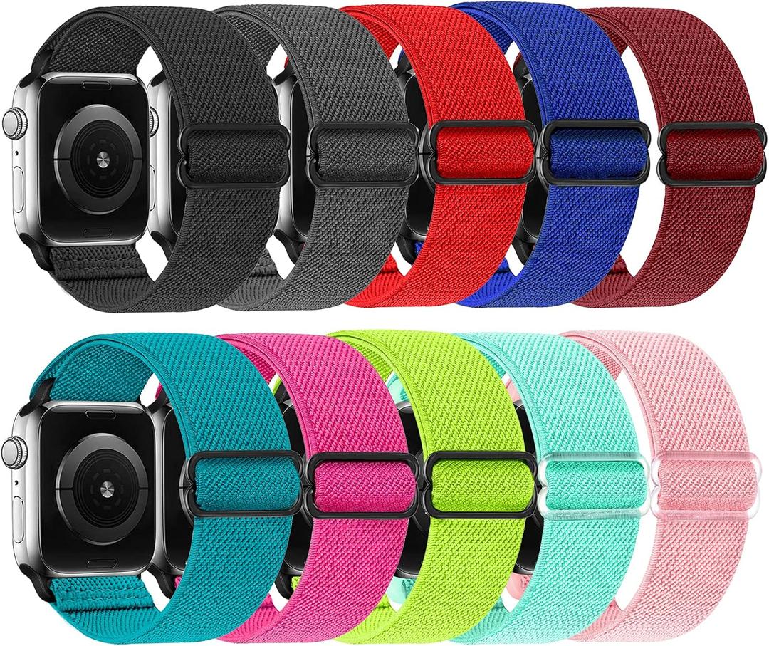 10 Pack Stretchy Solo Loop Compatible with Apple Watch Band 42 44 45MM Women Men,Soft Nylon Elastic Strap Wristband for iWatch Series 10 9 8 7 6 5 4 3 2 1 SE Ultra (Wine+Blue+Malachite Green+Red+Water Orchid+Pink+Fluorescent Yellow+Fluorescent Plum+Black+Grey)