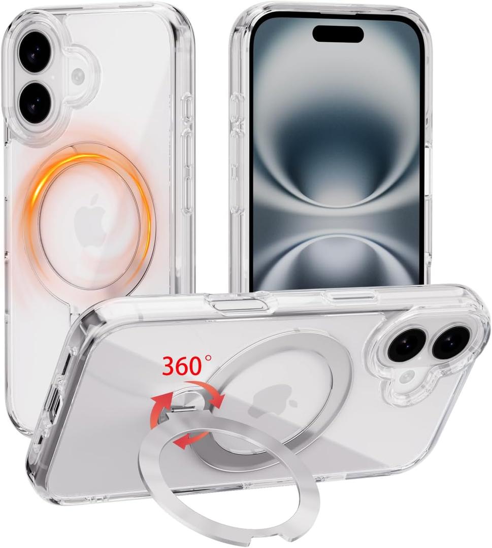 for iPhone 16 Case Clear with 360Spin Magnetic Stand, Compatible with MagSafe, Military-Grade Slim Hard Protective Cover Kickstand & CD Ring Holder,6.1"