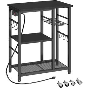 Movable Bakers Rack, Microwave Stand with Charging Station, Kitchen Storage Rack with Hooks and Basket, Casters and Adjustable Feet, for Small Space, Kitchen, Dining Room, Black HB04UBB