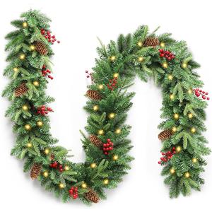 Christmas Garlands, Christmas Decorations, 9FT Pre-Decorated Winter Xmas Garland, Artificial Holiday Decor Faux Greenery for Mantle, Fireplace, Stair, Door, Indoor Outdoor with Pinecones, Red Berries