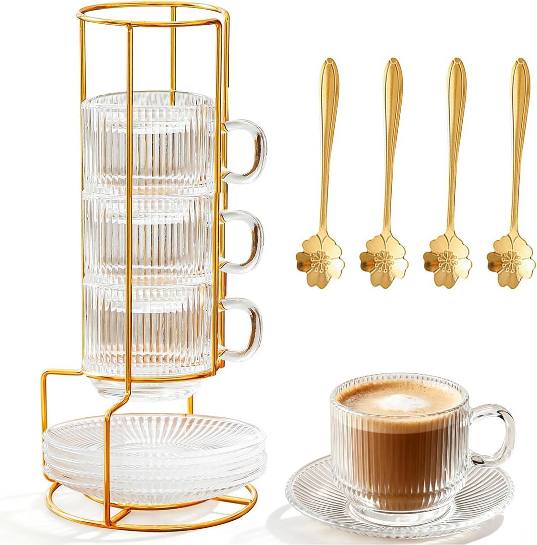 5.4 oz Espresso Cups Set of 4,Clear Glass Coffee Cups with Saucers Spoons and Cup holder,Stackable Small Cup for Espresso,Latte,Cappuccino,Tea