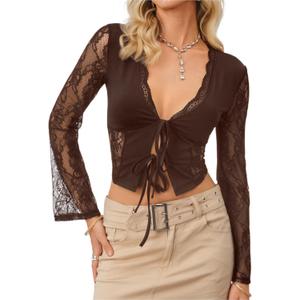 CSDAJIO Women's Sexy Lace Tie Open Front Sheer Mesh Long Sleeve Crop Top Going Out Shirt (Brown, XS)