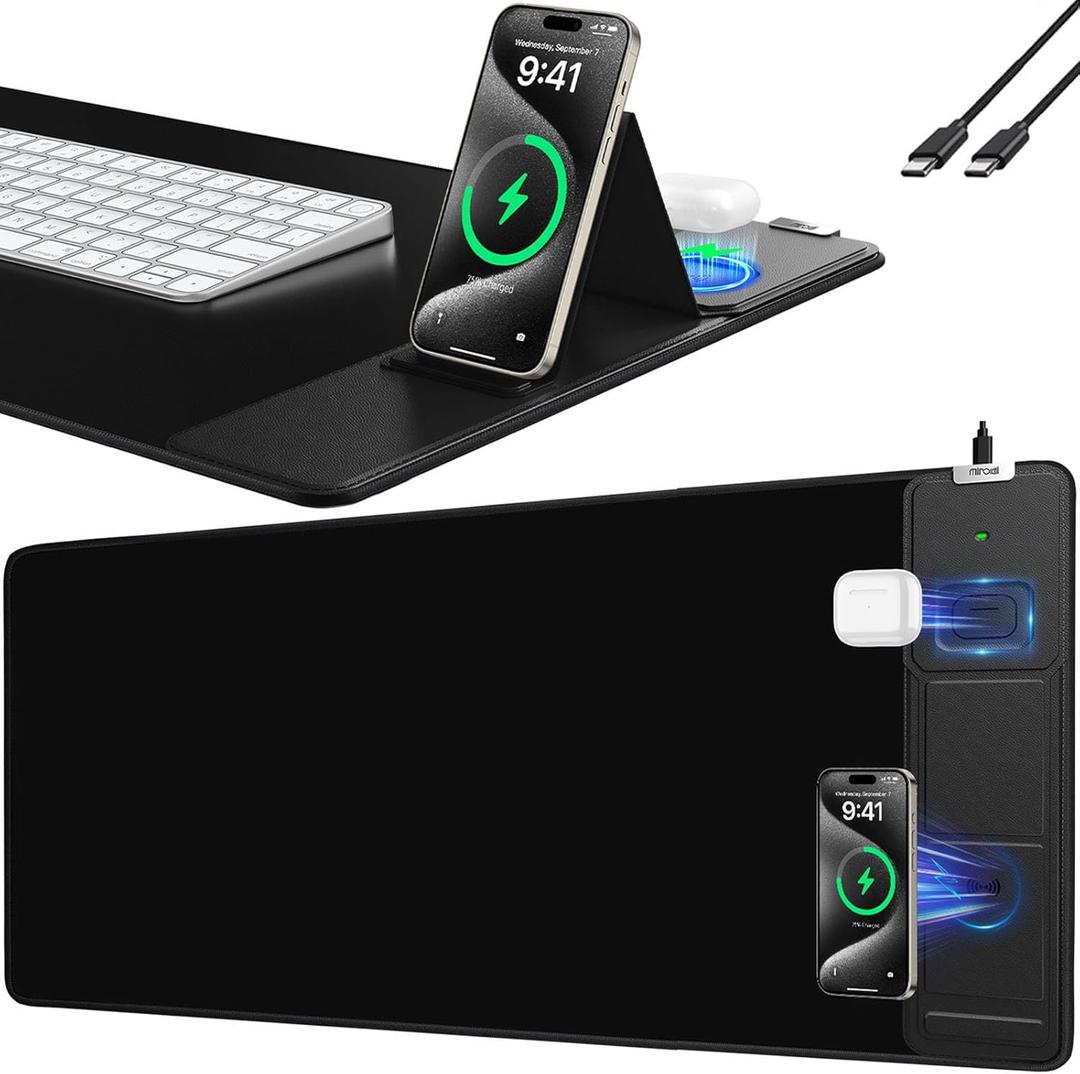 Mouse Pad with Foldable Phone Holder, Wireless Charging Desk Mat, 31.5"x15.8" Large Mousepad with Superior Micro-Weave Cloth, XXL Desk Pad with Non-Slip, Waterproof Keyboard Pad for Home & Office