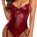Lilosy Sexy Lace Up Leather Pu Wireless Garter Women Teddy Bodysuit Corset Bustier Top Outfit Nightout One Piece (Large, Burgundy Red)