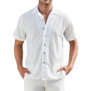 Alex Vando Mens Summer Shirts See Through Sheer Lace Casual Short Sleeve Button Down Beach Shirt (White, S)