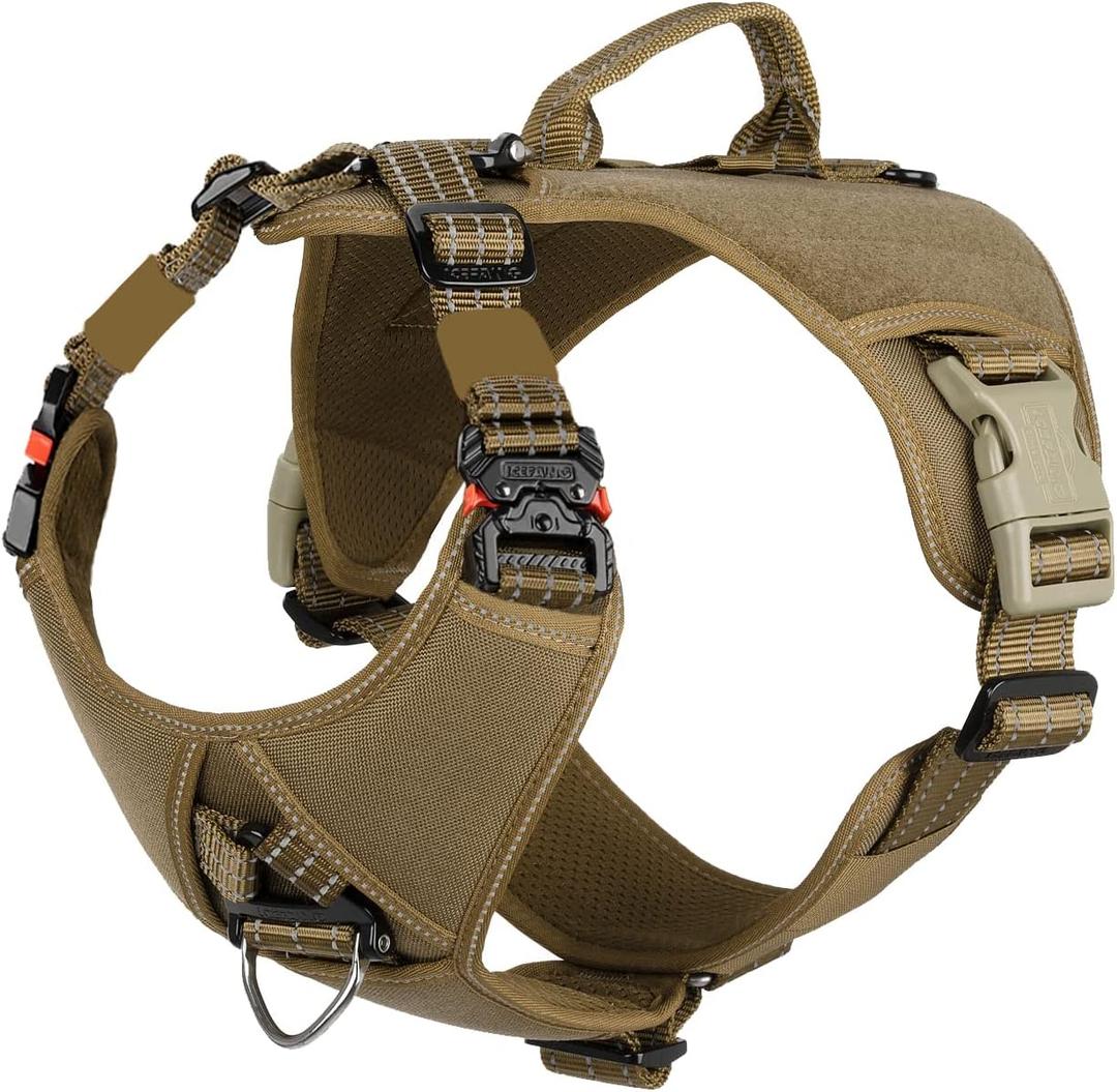 ICEFANG GN8 Quick-Moving Tactical Dog Harness with 2xMetal Buckles for Medium Sized Dogs,Reflective K9 Vest,No-Pull Front Leash Clip,5-Points Adjustable Pet Harness (Brown, Medium (Pack of 1))