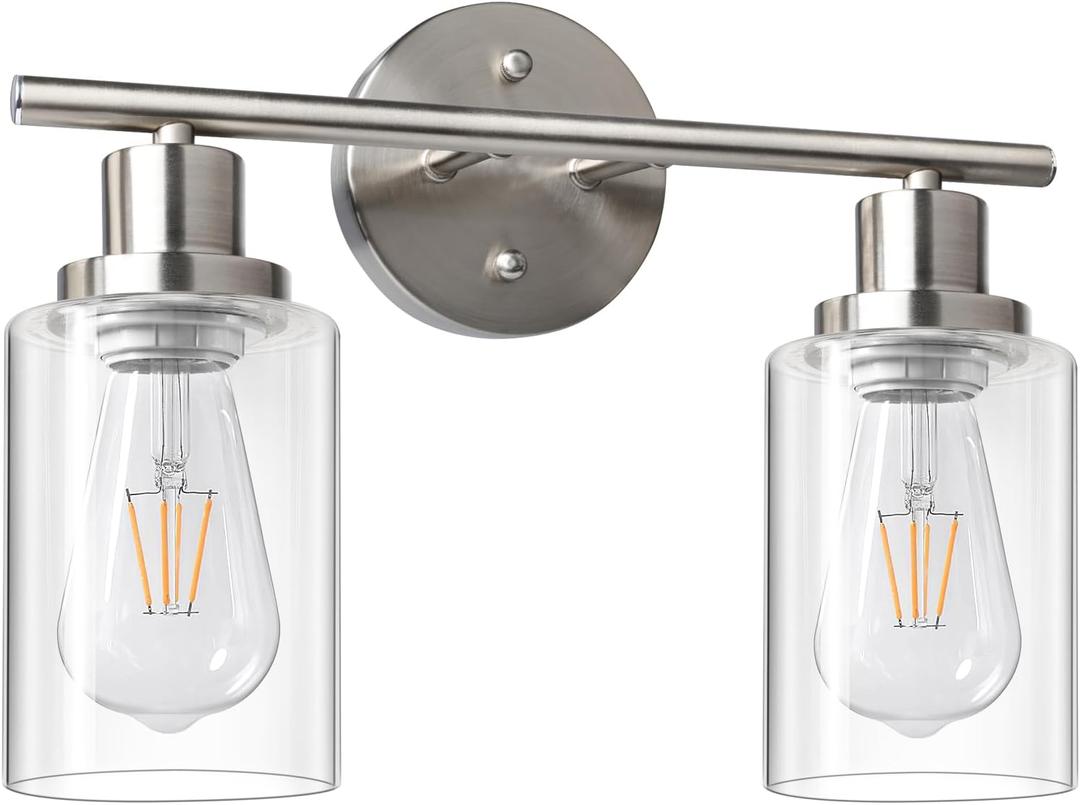 Unicozin 2 Light Vanity Lights, Brushed Nickel Wall Sconce Light with Clear Glass, Bathroom Light Fixtures, Wall Lights for Mirror, Living Room, Bedroom, Hallway, E26 Base (Bulbs Not Included)