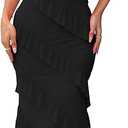 HOCILLE Women's Sexy V Neck Backless Bodycon Spaghetti Strap Elegant Ruffle Maxi Cocktail Party Dresses, Medium, Black