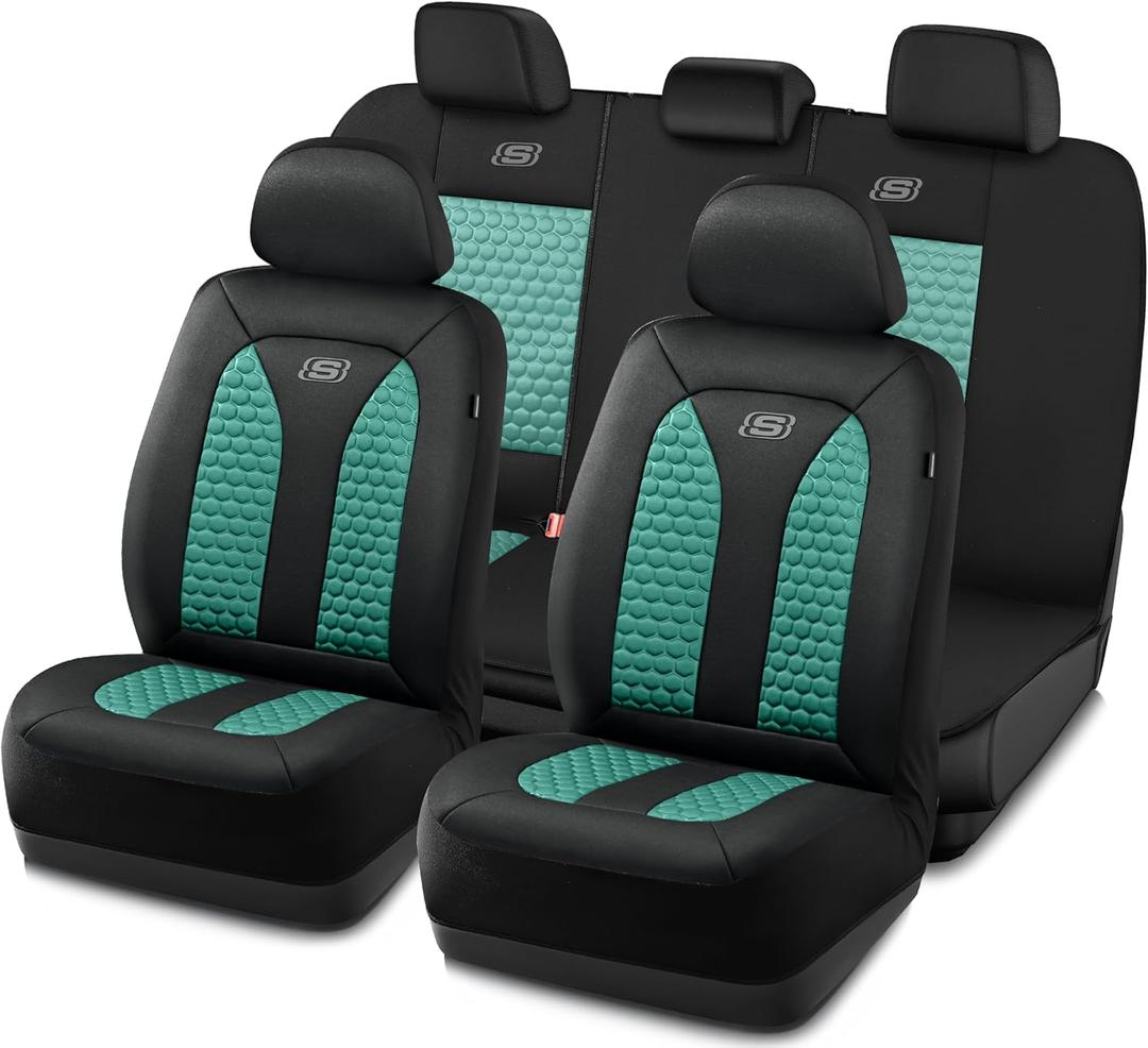 Skechers Memory Foam Car Seat Cover Full Sets, Hexcomb Breathable Thick Seat Covers, Airbag Compatible, Automotive Comfort & Protection for Most Cars,Van,Trucks, SUVs (Green,Full Set)