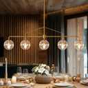 Lzawvm Modern Gold Linear Chandelier 5 Lights Dining Room Chandelier with Seeded Glass Globe 39 Inch Linear Pendant Light for Farmhouse Living Room Kitchen Island