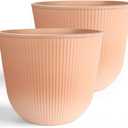 Worth Garden Round Large Planter Pot Set of 2, 17.5" Dia x 15.5" H - Durable Plastic Terracotta Plant Tree Pots with Vertical Stripe Textured Finish, Drainage Hole for Indoor Outdoor Front Porch Patio, 2-Pack