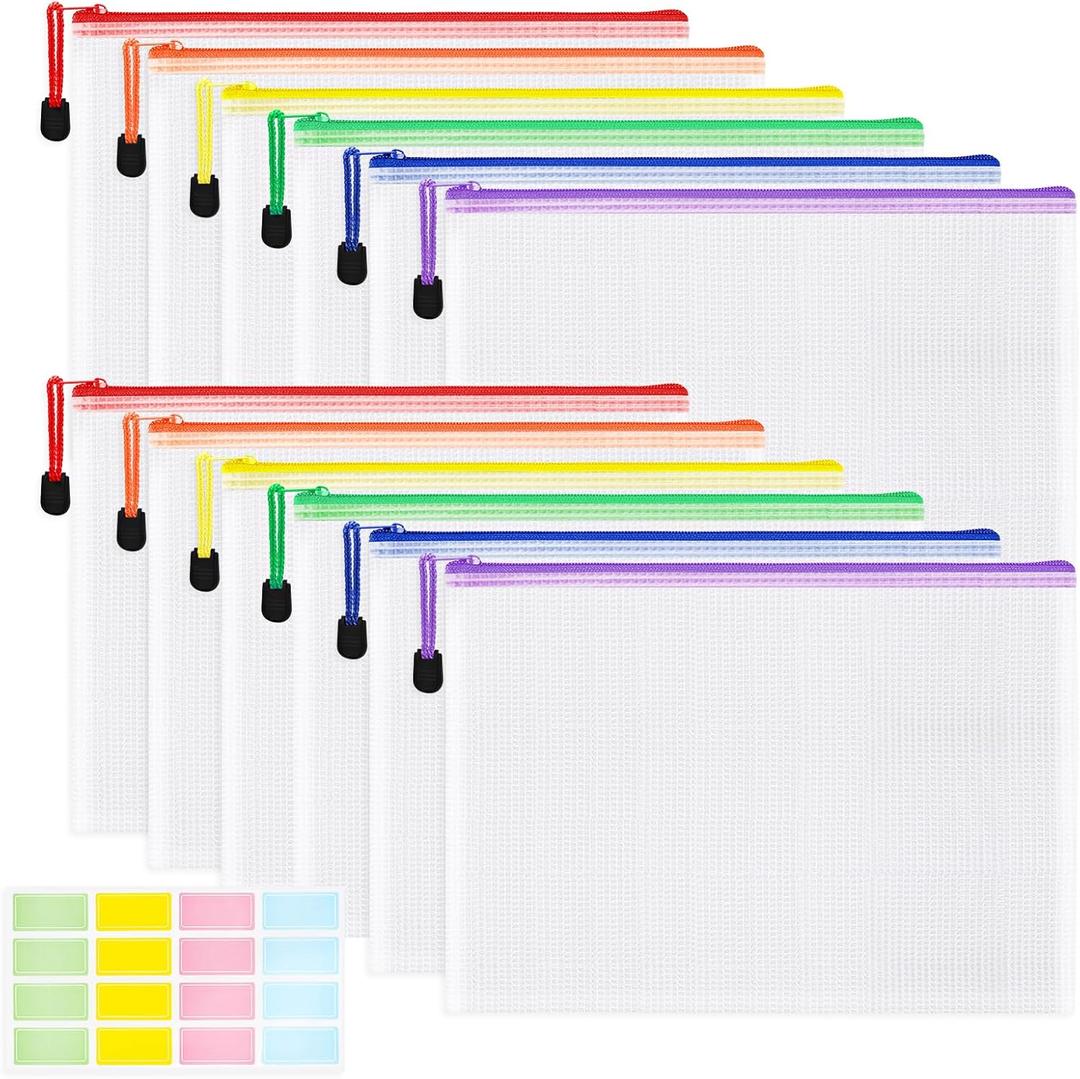 EOOUT 12pcs A4 Mesh Zipper Pouch Bags, 6 Colors Reusable Zipper Bags for Organizing Storage, Waterproof Puzzle Bag, Zipper Bags for Board Game Storage and School Office Supplies