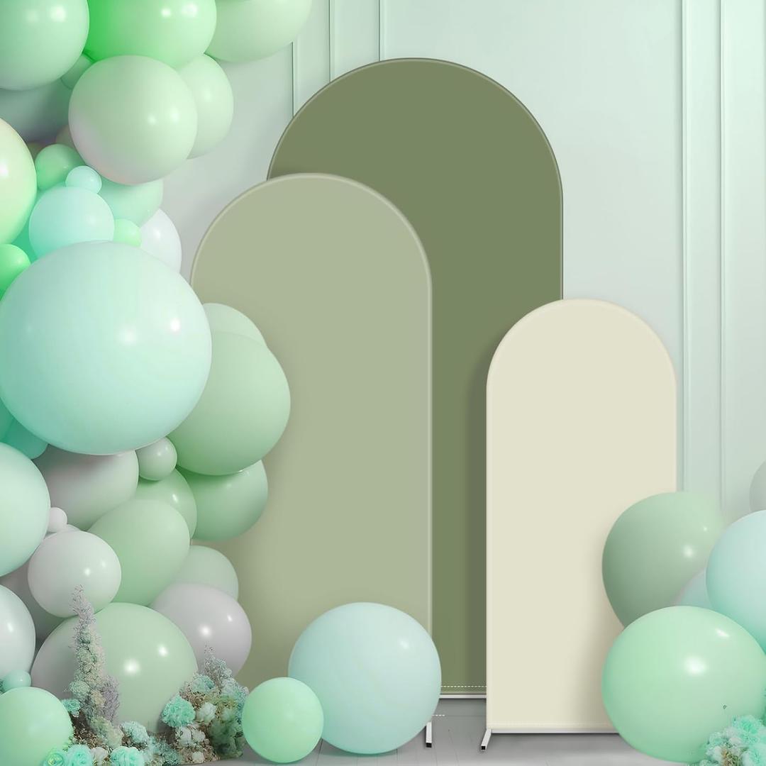 VitalCozy Set of 3 Wedding Arch Cover 4/5/6 ft Fabric Arch Backdrop Cover Double Sided Fitted Spandex for Baby Shower Birthday Party Decoration, Frame Not Included(Green Series)