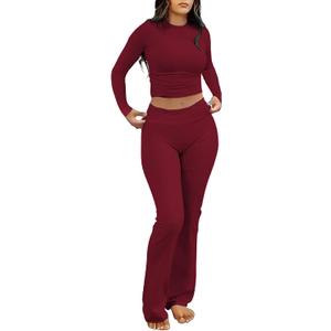 kaimimei Women's 2 Piece Lounge Outfits Slim Long Sleeve Tops High Waist Foldover Flare Leggings Sets Casual Yoga Sweatsuit (Red, S)