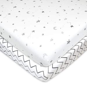 American Baby Company 2 Pack 100% Natural Cotton Fitted Mini Crib Sheets 38" x 24" - Soft & Breathable Small Nesting Portable Sheets, Fits Pack N Play Mattresses, Gray Stars/Zigzag, for Boys & Girls