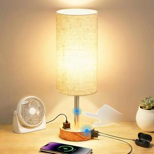 Table Lamp for Nightstand, High-Sensitivity Touch, 3-Level Dimmable Bedside Lamp with AC Outlet | USB | and USB-C, Ideal Night Stand Lamp for Bedroom, Reading, Living Room(Warm&Wooden)