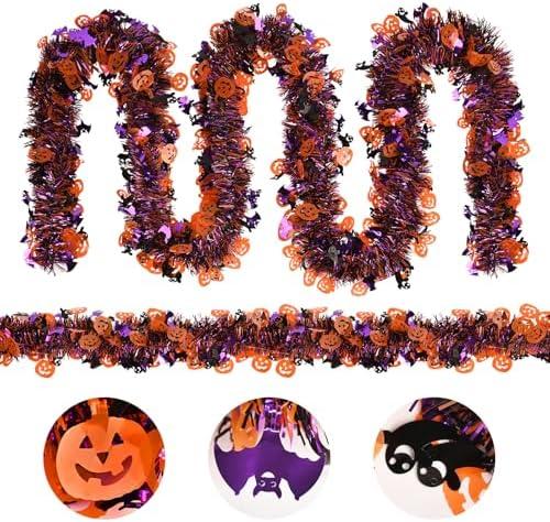 Pack Of 2 33Ft Holiday Garland, Tinsel Garland with Orange Pumpkin Black Ghost Purple Bat for Home Tree Indoor Outdoor Door Garden Party Vocation Decorations