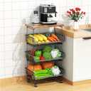 Gsiekare Fruit Vegetable Basket for Kitchen, 4 Tier Stackable Fruit Vegetable Storage Baskets with Wheels, Metal Wire Storage Basket Organizer Baskets for Kitchen, Pantry, Bathroom (Black With Wooden Top)
