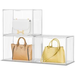Purse Organizer for Closet, Clear Acrylic Display Case for Handbag Organizer, Stackable Purse Storage Box with Magnetic Door, Plastic Holder Containers for Book, Collectibles, Cosmetic 3 Pack