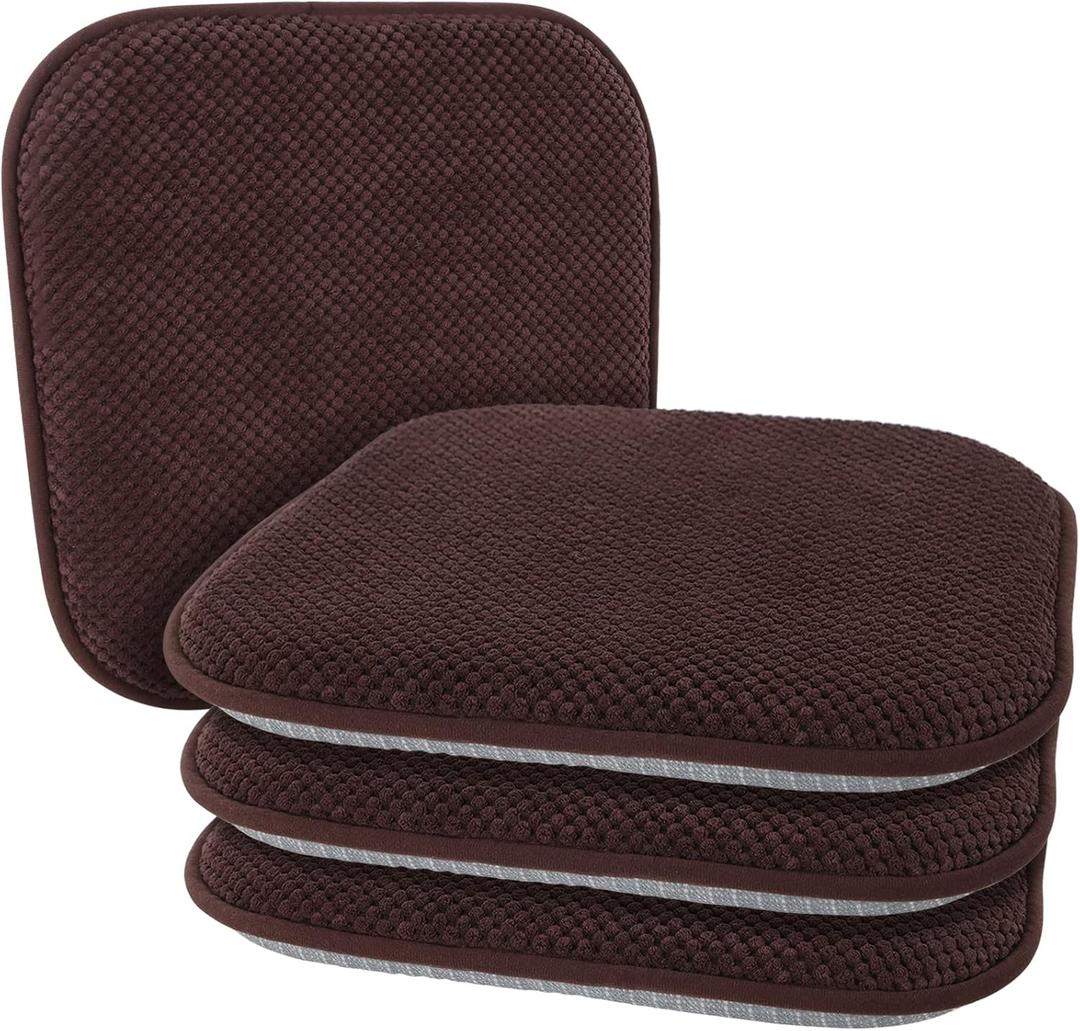 Brown Kitchen Dining Chairs Cushions Set of 4 Non Slip Foam Patio Seat Cushions Washable Soft Thick Pads Large Wooden Metal Tapered Chair Cushions, 17" x 15"