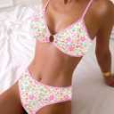 Tainehs Women's Two Piece Bikini Sets O Ring Front Top Ditsy Floral Triangle Swimsuits Cheeky Bathing Suit (M)