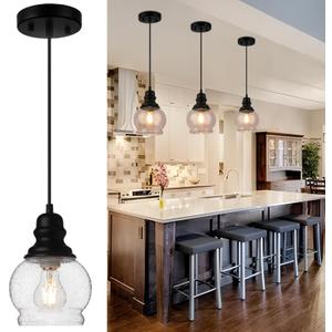 WILON Kitchen Island Light Fixtures, Black Pendant Light with Seeded Glass Shade Mini Pendant Lighting for Kitchen Island, Farmhouse Ceiling Light for Kitchen Island Dining Room Hallway Living Room