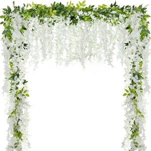 4Pcs Wisteria Artificial Flower Garland 6.9Ft White Wisteria Vine Silk Hanging Flowers Fake Rattan Floral Decor for Garden Outdoor Ceremony Wedding Arch Decoration Party Backdrop, Total 27.6Ft, White