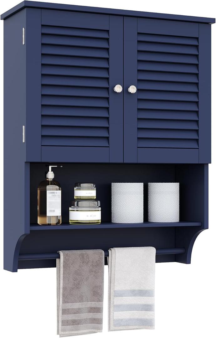 ChooChoo Bathroom Wall Cabinet with Towels Bar, 23.6" L x7.9 W x27.5 H MDF Material Medicine Cabinet, 2 Doors Over The Toilet Space Saver Storage Cabinet with Large Space, Navy Blue