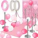 Beeveer 76 Pcs Carpet Runner for Party Set 1 Floor Runner 2 Double Sided Tape 6 Stanchion Post 4 Velvet Carpet Ropes 2 Foil Fringe Backdrop Curtains 60 Balloon 1 Ribbon for Valentine Party(Pink)