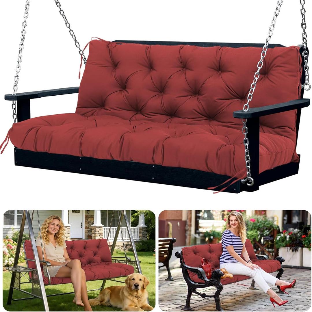 Porch Swing Cushions 2 Seater Replacement Thicken 5" Waterproof & Fade Resistant Swing Cushions for Outdoor Furniture Bench Patio Swing Cushion with Backrest & Ties(Wine Red 40x40x5inch)