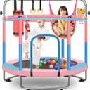 60" Toddler Trampoline for Kids, 5FT Adjustable Trampoline Indoor Outdoor with Enclosur Net, Mini Trampoline for Kids 3-10, 880lbs Capacity, Adjustable Gymnastics Bar, Basketball Hoop, Swing (Pink/Blue)