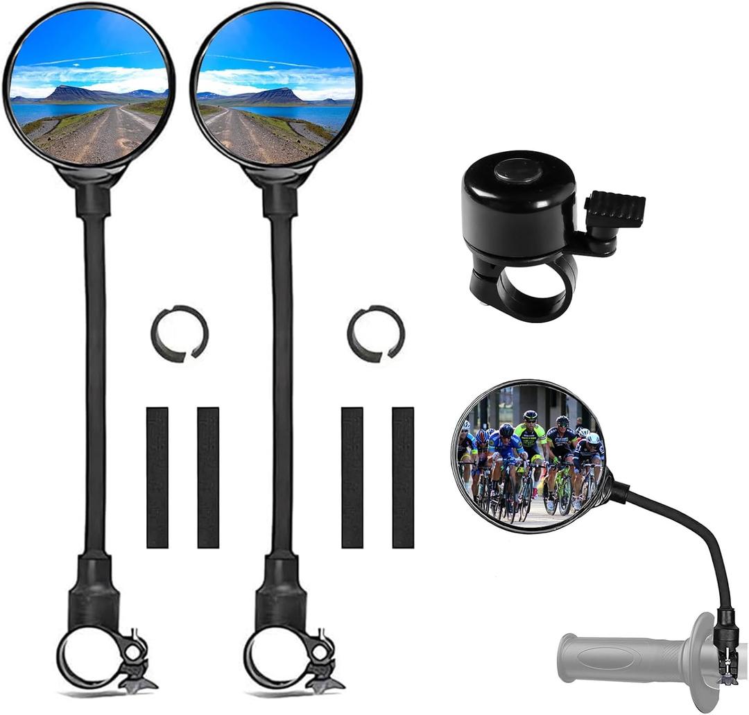 Bike Mirror With Bike Bell 360 Adjustable HD Convex Handlebar Mirror Anti-Scratch Glass Riding Mirrors (2* Mirror + 1* Bell)
