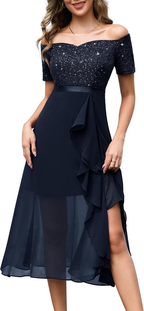BeryLove Sequin Formal Wedding Guest Prom Party Dress Off Shoulder Cocktail Sparkly Midi Evening Dress (Black, S)