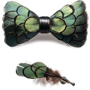 RBOCOTT Handmade Feather Pre-tied Bow tie and Brooch Sets for Men (Light Green)