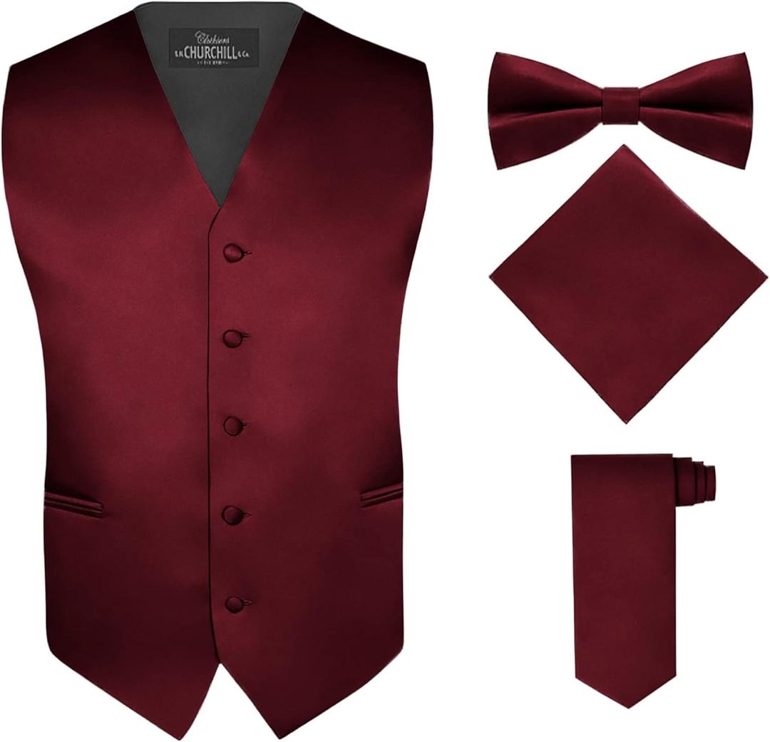 S.H. Churchill & Co. Men's 4 Piece Vest Set, with Bow Tie, Neck Tie & Pocket Hankie (Red), M