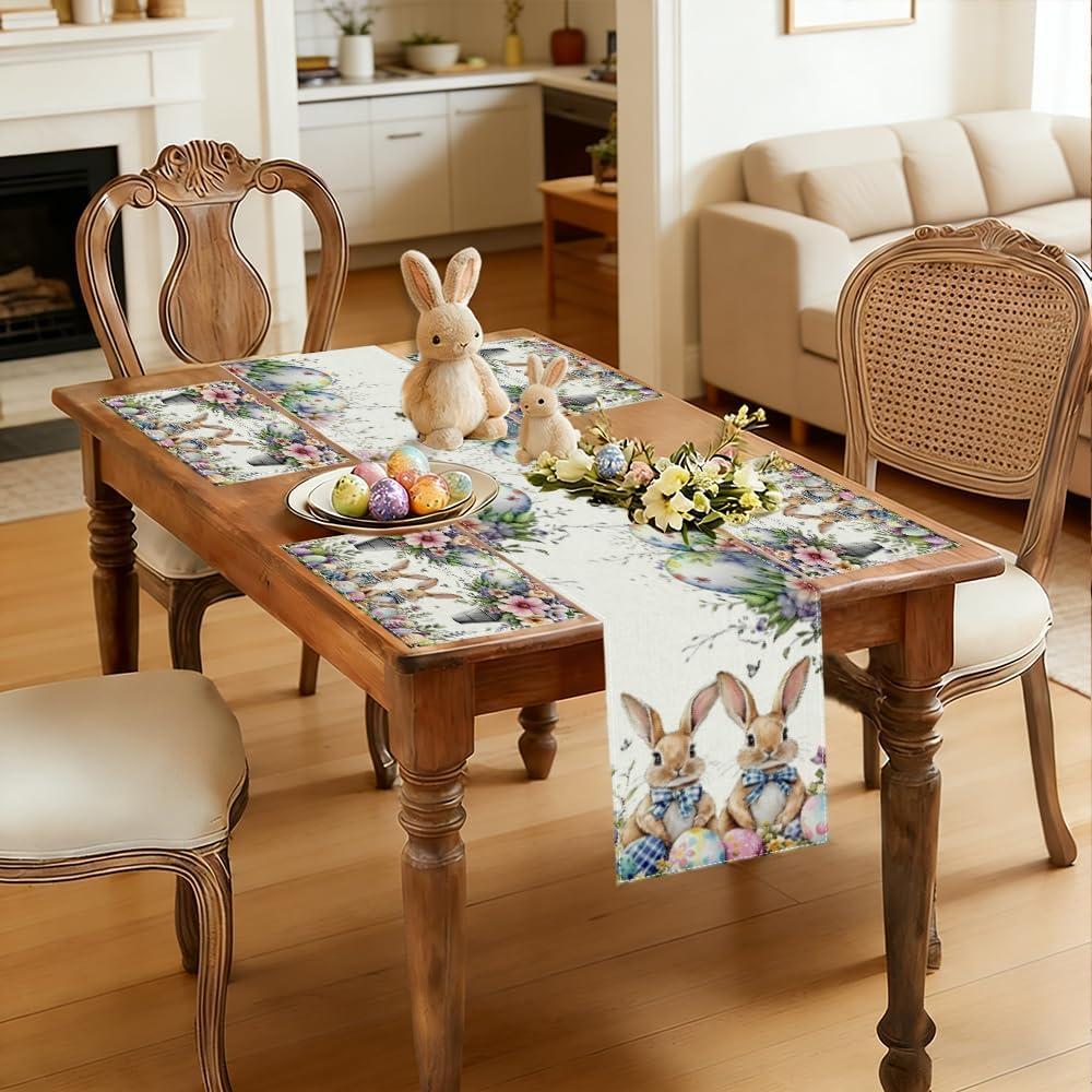 Rabbit Easter Table Runner, Includes Four Round Rabbit-Patterned Placemats, Spring Rabbit and Flower Pattern, Easter Home Kitchen Dining Table Decoration Non-Paper doilies (13" x 36", Bow Tie Bunnies)