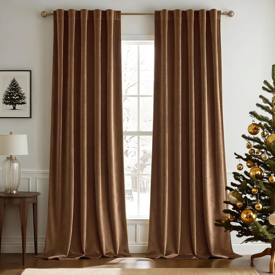 Woaboy Back Tab & Rod Pocket Velvet Curtains 90 Inches Long 2 Panels Set, Brown Classical Thermal Insulated Light Blocking Window Drapes for Bedroom Living Room Nursery Privacy, W52 x L90