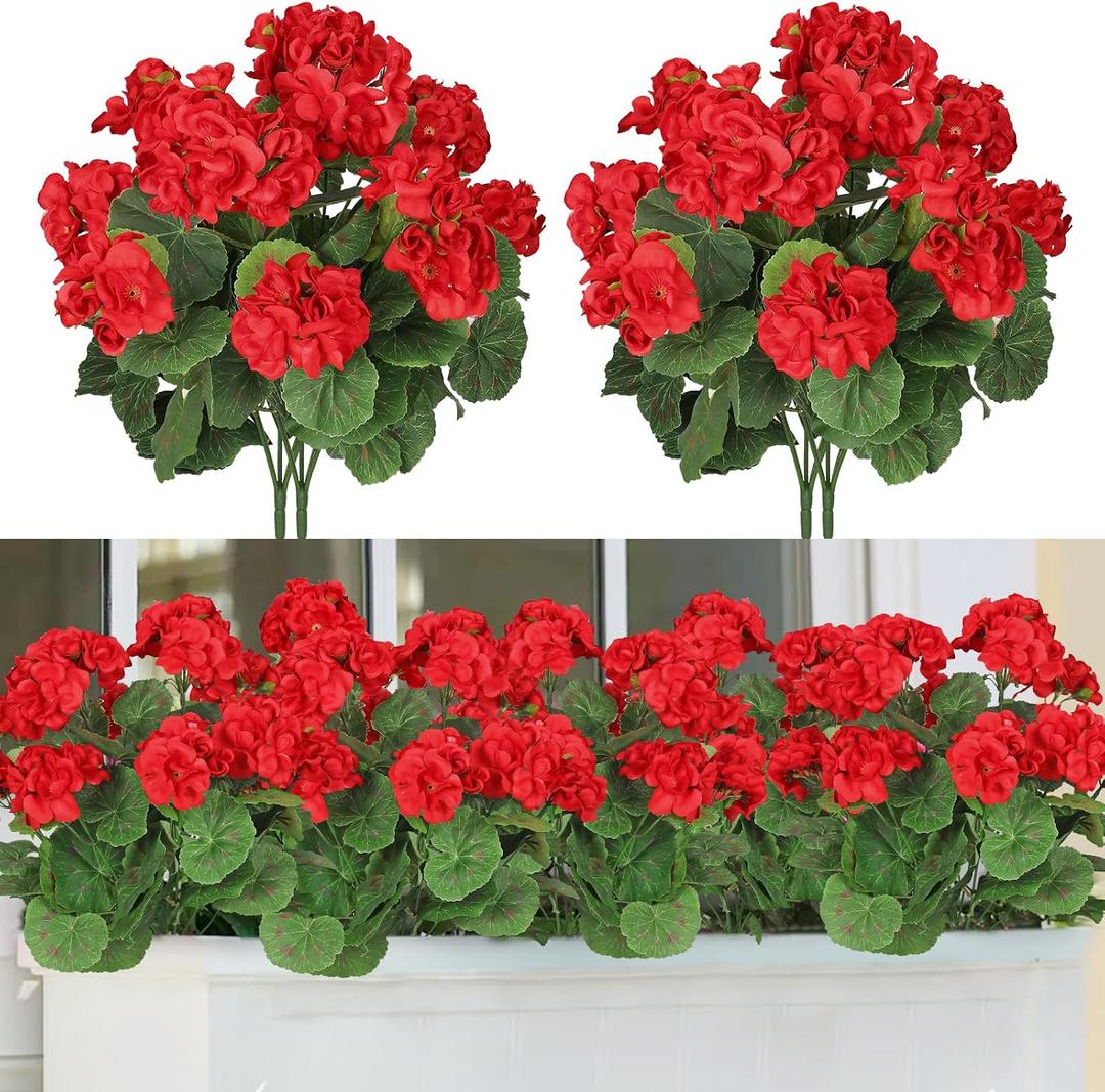 TOCHGREEN Artificial Red Geranium Silk Flowers Outdoor Plant Bush 2 Bundles Faux Flowers Geraniums for Outdoors Floral Home Decor Indoor Garden Patio Vase Grave Cemetary Table Centerpieces Decor
