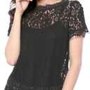 Allegra K Women's Lace Top Summer Floral Scalloped Trim Short Sleeve Semi Sheer Tops, M