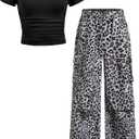 RoseSeek Girl's 2 Piece Summer Outfits Short Sleeve Ruched Basic Tess and Camo Cargo Pants Sets Trendy, Size: 12 Years