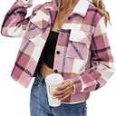 Binshre Womens Cropped Plaid Shacket Flannel Long Sleeve Button Down Jackets Coat for Women S