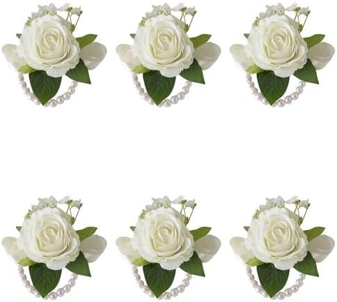 Meldel 4 Pcs Ivory White Rose Wrist Corsage for Wedding, Bride Bridesmaids Corsages, Pearls Bracelet Wrist Flower for Prom Homecoming Party, Wrist Corsage for Mother of Bride and Groom Wedding Decor