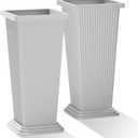 Tall Outdoor Planters Set of 2, 24" Tapered Outdoor Tall White Planter for Front Porch, Large Indoor Modern Planter Flower Pots with Tray, Drainage Holes (Ribbed)