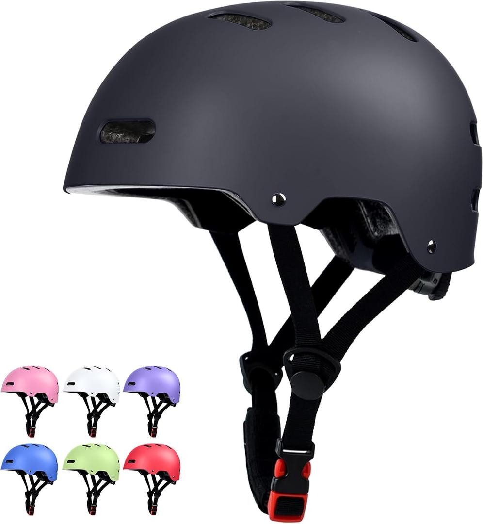 Skateboard Bike Helmet for Adults Women Men Youth Kids (2-3-5-8-14+ Years Boys Girls) - Lightweight Multi-Sport Adjustable Helmets for Bicycle Skateboard Scooter Skate Cycling (Black)